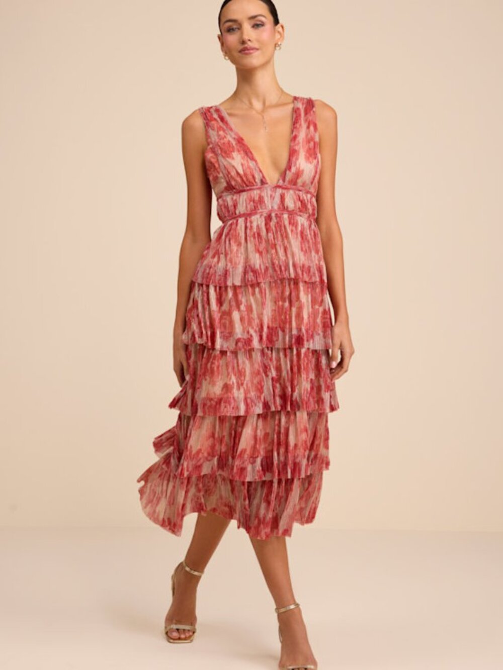 Lulus Valentia Magenta Plisse Sleeveless Tiered Midi Dress Pink - Size XL